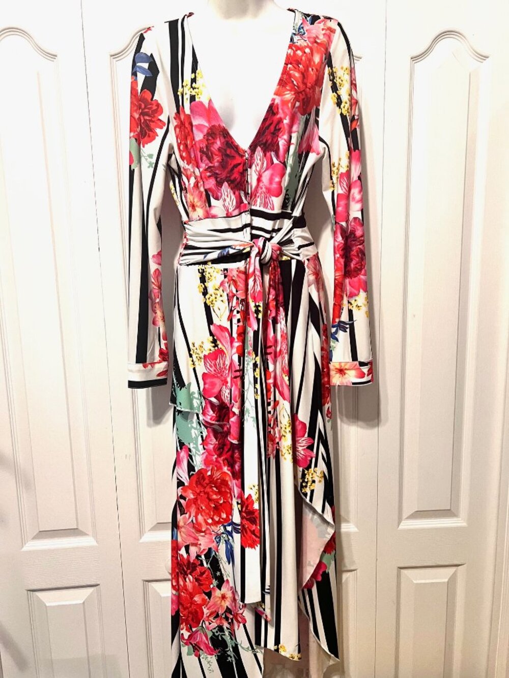 Venus V Neck Long Sleeve Pink Floral Striped Maxi Sexy Slit Front-Med-Belted-